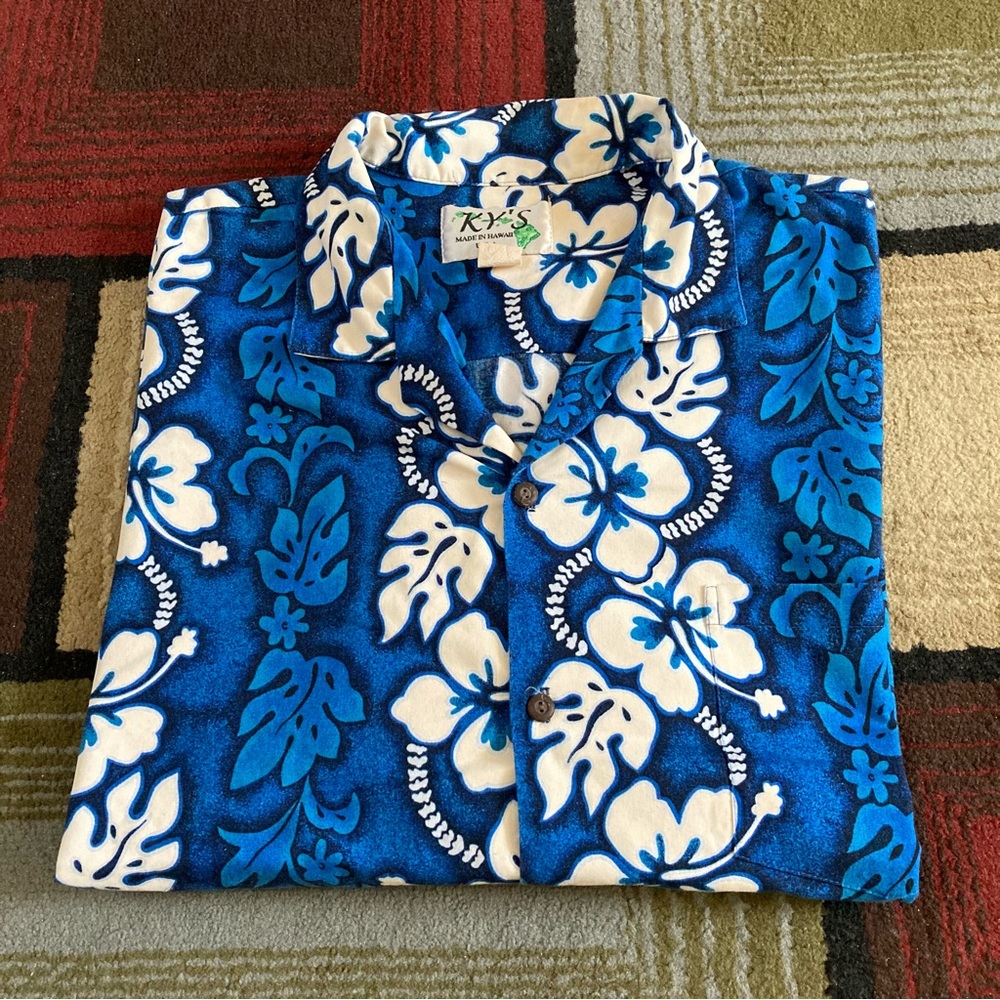 Vintage Ky's Hawaiian Shirt Button Up Men Sz L Blue White Hibiscus Floral Print